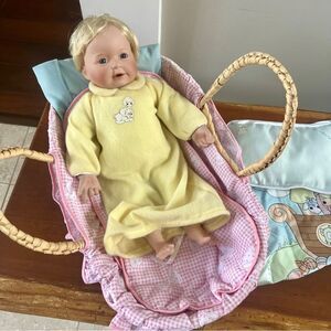 Vintage 1999 Ashton Drake Porcelain Baby Infant Girl Doll, basket carrier & more